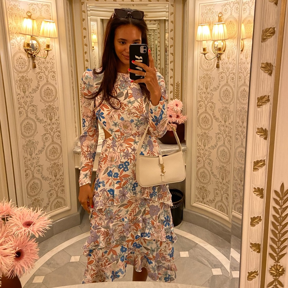 White floral long sleeve maxi dress with cutout